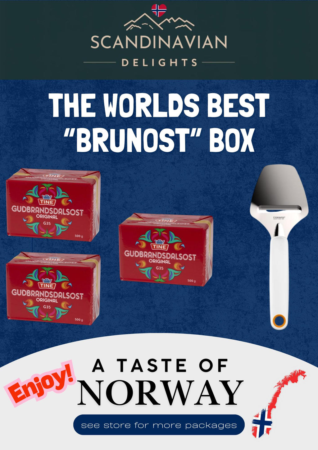 Norwegian Brunost Cheese Box with Slicer – Caramel Sweet Brown Cheese- inc FREE int shipping