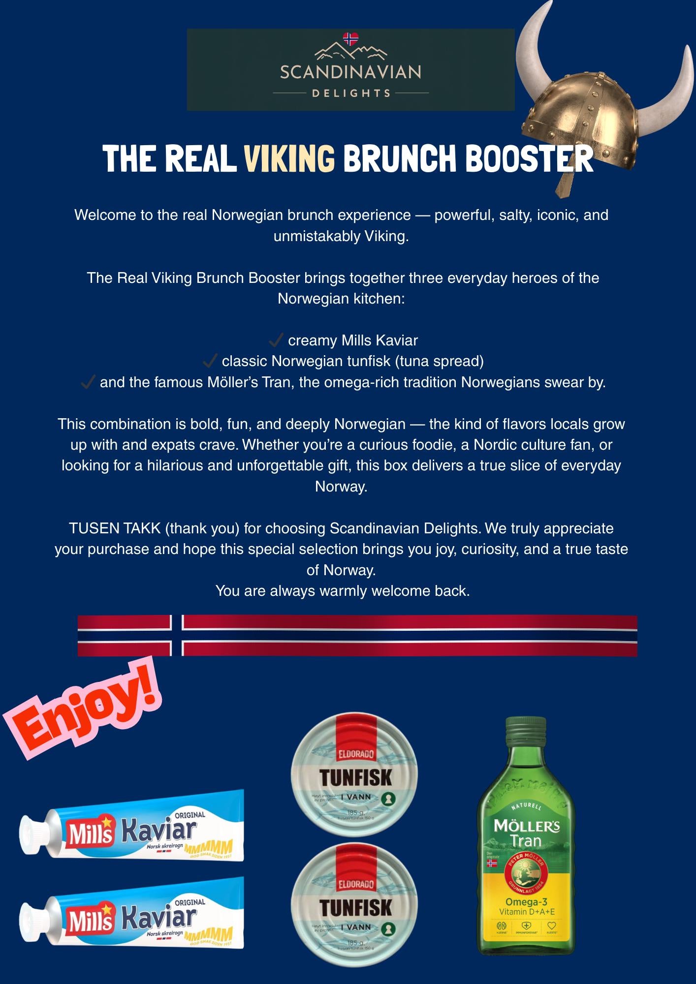 Norwegian viking Brunch Box: Mills Kaviar, Tunfisk, Möller's Tran incl free int shipping