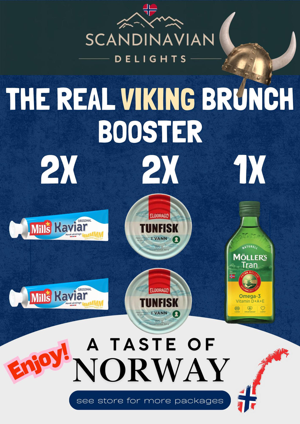 Norwegian viking Brunch Box: Mills Kaviar, Tunfisk, Möller's Tran incl free int shipping